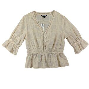 NEW Express Top Womens XS Beige Peasant Seersucker‎ Rouched Smocked Boho Peplum